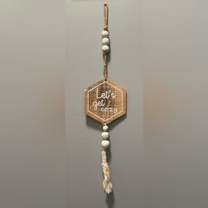 NWOT Hanging wooden beaded tassel sign “Let’s get cozy” approx 20” (c)